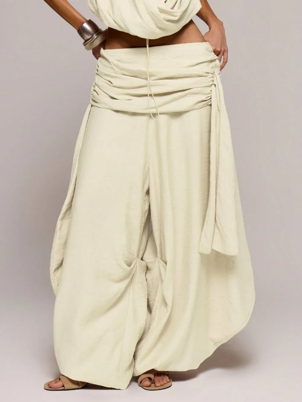 Cream Elegant Women's Low Rise Textured Wide Leg Trousers